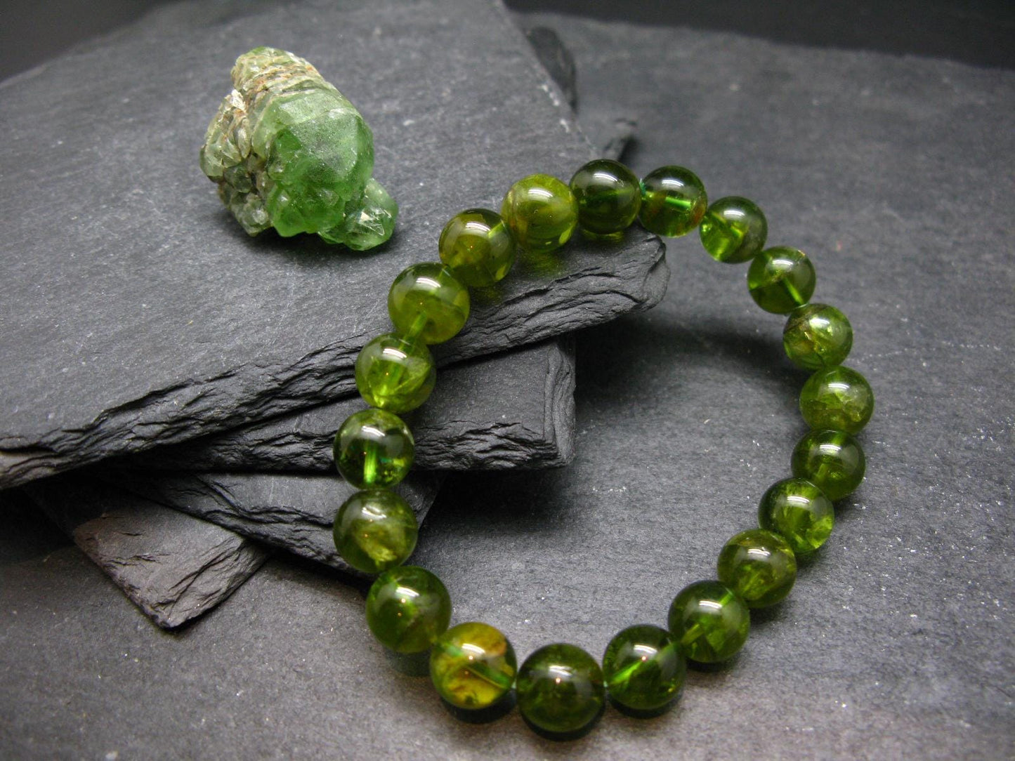 Peridot Genuine Bracelet ~ 7 Inches ~ 9mm Round Beads