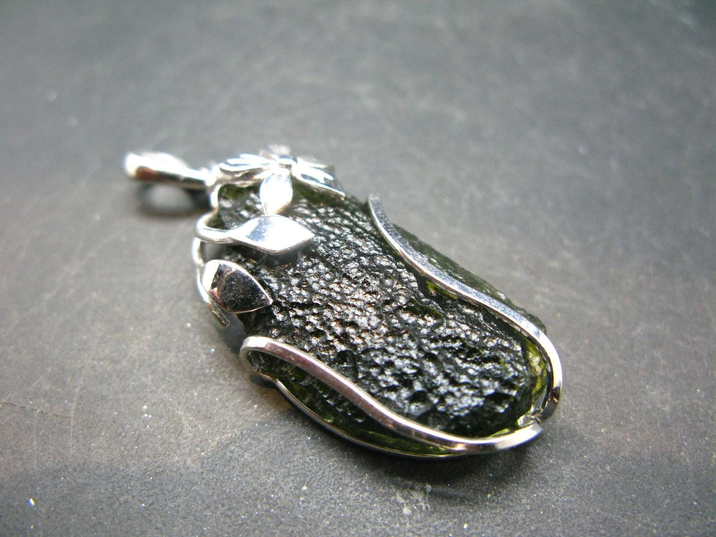 Large Gem Moldavite Tektite SS Pendant From Czech Republic - 8.25 Grams - 1.8"