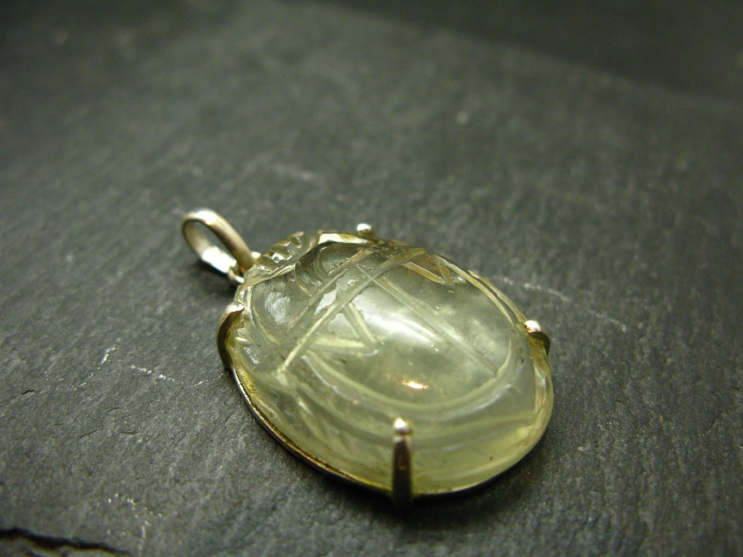 Gem Libyan Tektite Glass Scarab Carving Silver Pendant From Libya - 8.1 Grams - 1.5"