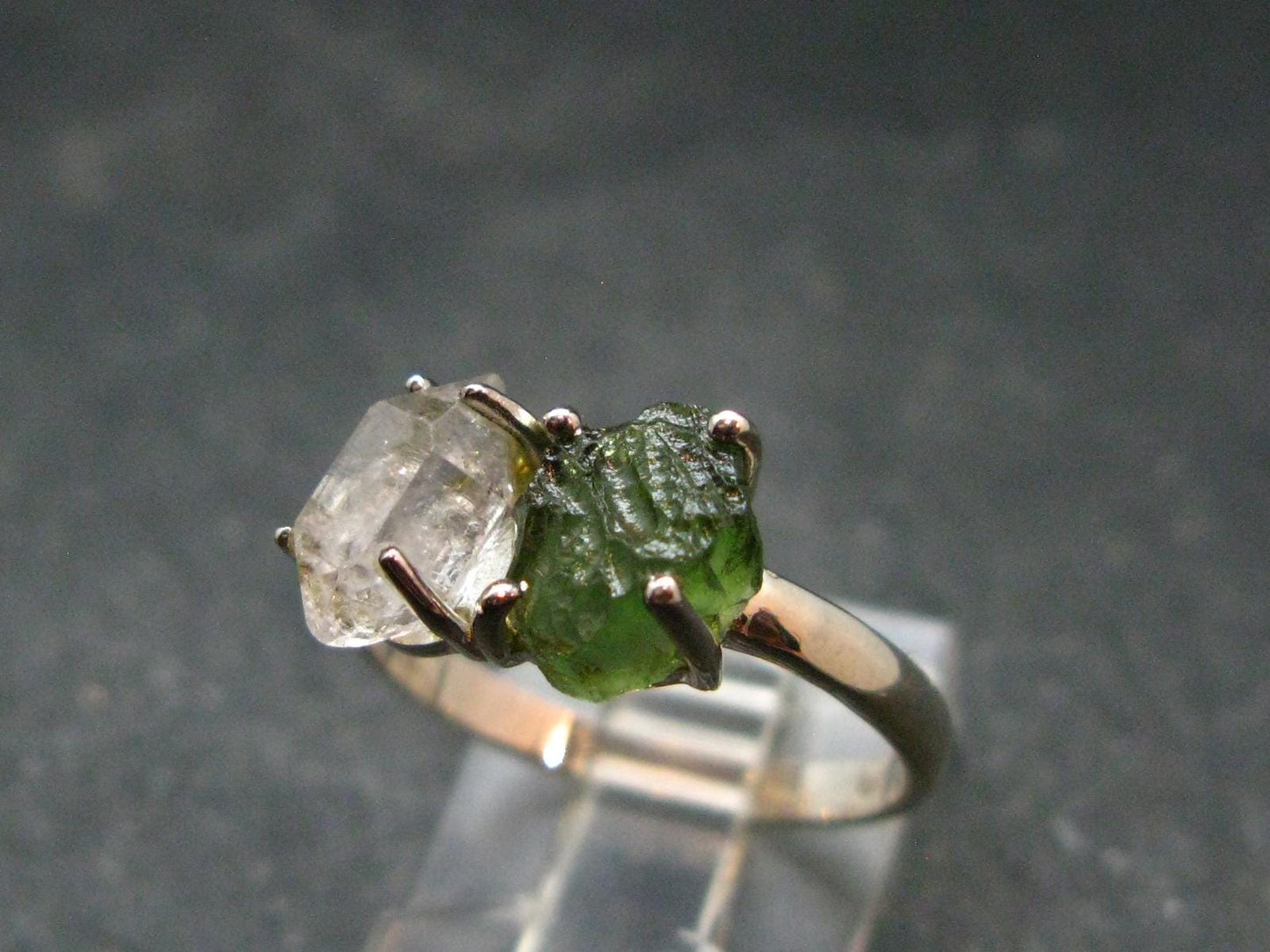 Moldavite Tektite and Herkimer Diamond Silver Ring - Size 8 - 2.60 Grams