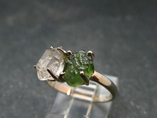 Moldavite Tektite and Herkimer Diamond Silver Ring - Size 8 - 2.60 Grams