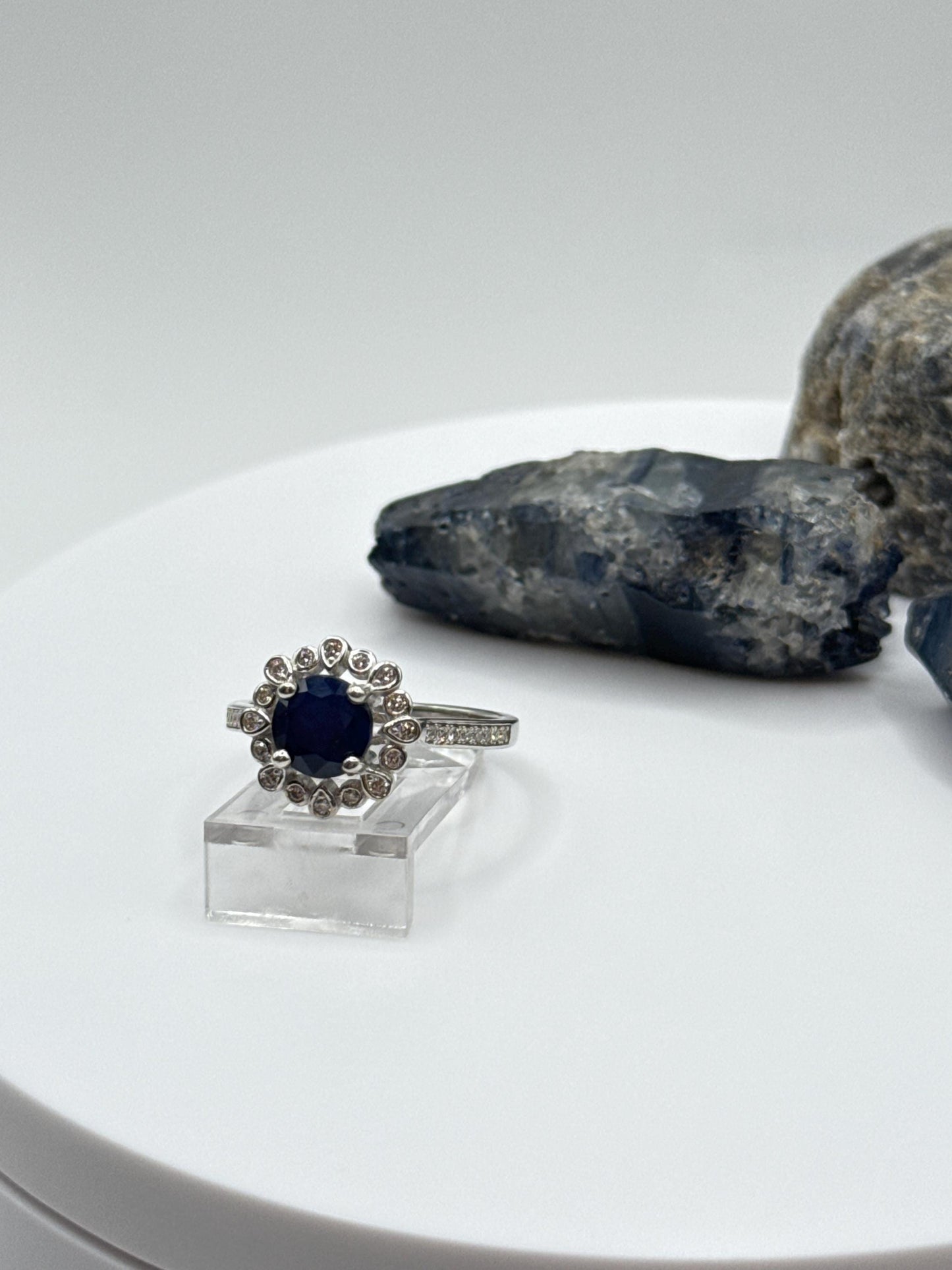 Blue Sapphire Halo Ring: Sterling Silver September Birthstone - Size 7