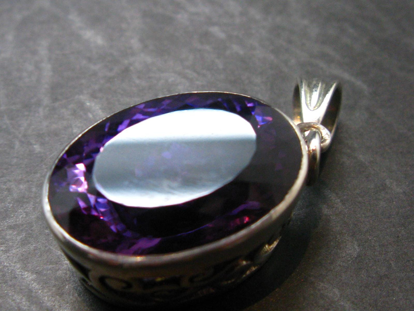 Large Genuine Rich Purple Faceted Amethyst Sterling Silver Pendant From Brazil - 1.7" - 11.83 Grams