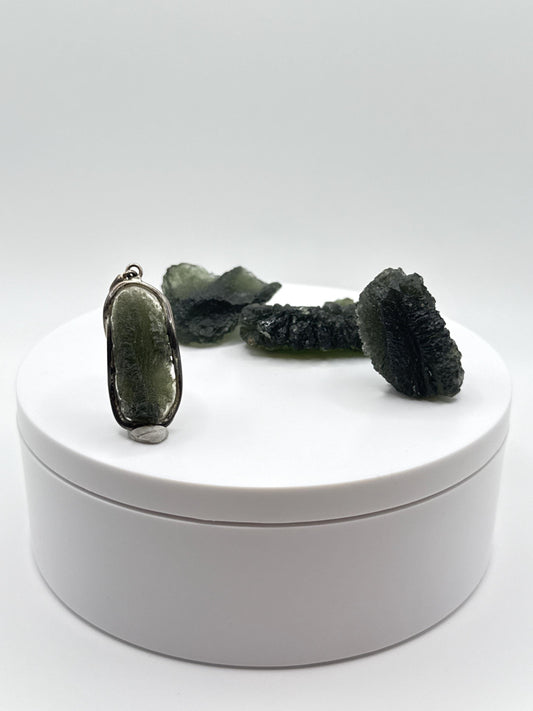 Raw Moldavite Sterling Silver Pendant – Elongated Design - 7.00 Grams