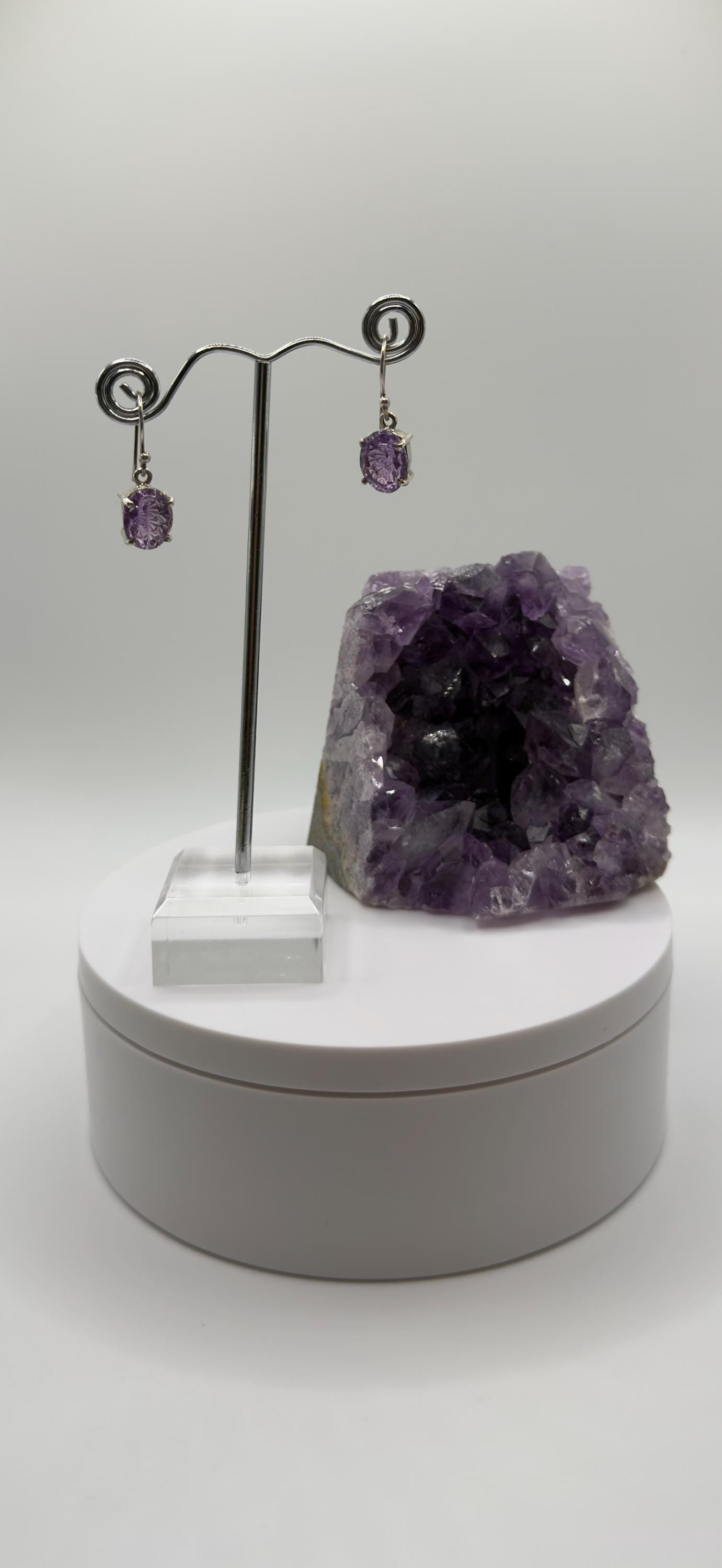 Carved Amethyst Drop Earrings – Handcrafted Purple Gemstone Dangles in Sterling Silver - Weight 4.65 Grams