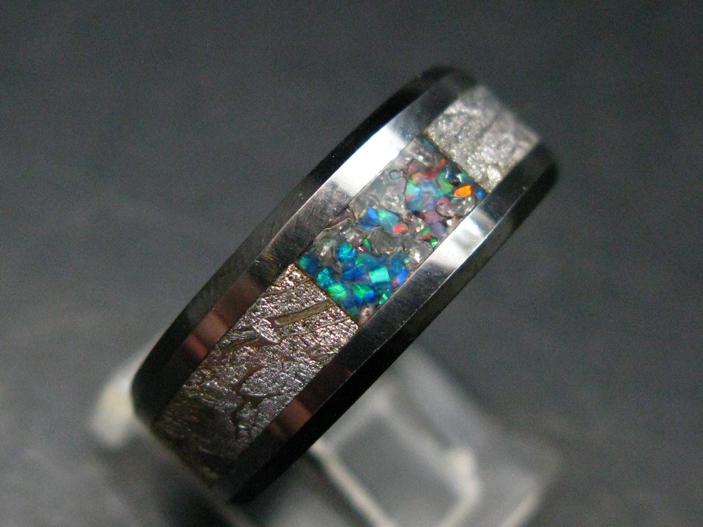 Muonionalusta Meteorite & Opal Steel Ring - 11.38 Grams - Size 9