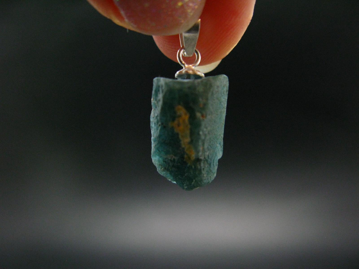 Unpolished Terminated Neon Blue Apatite Silver Pendant From Brazil - 0.9" - 2.47 Grams