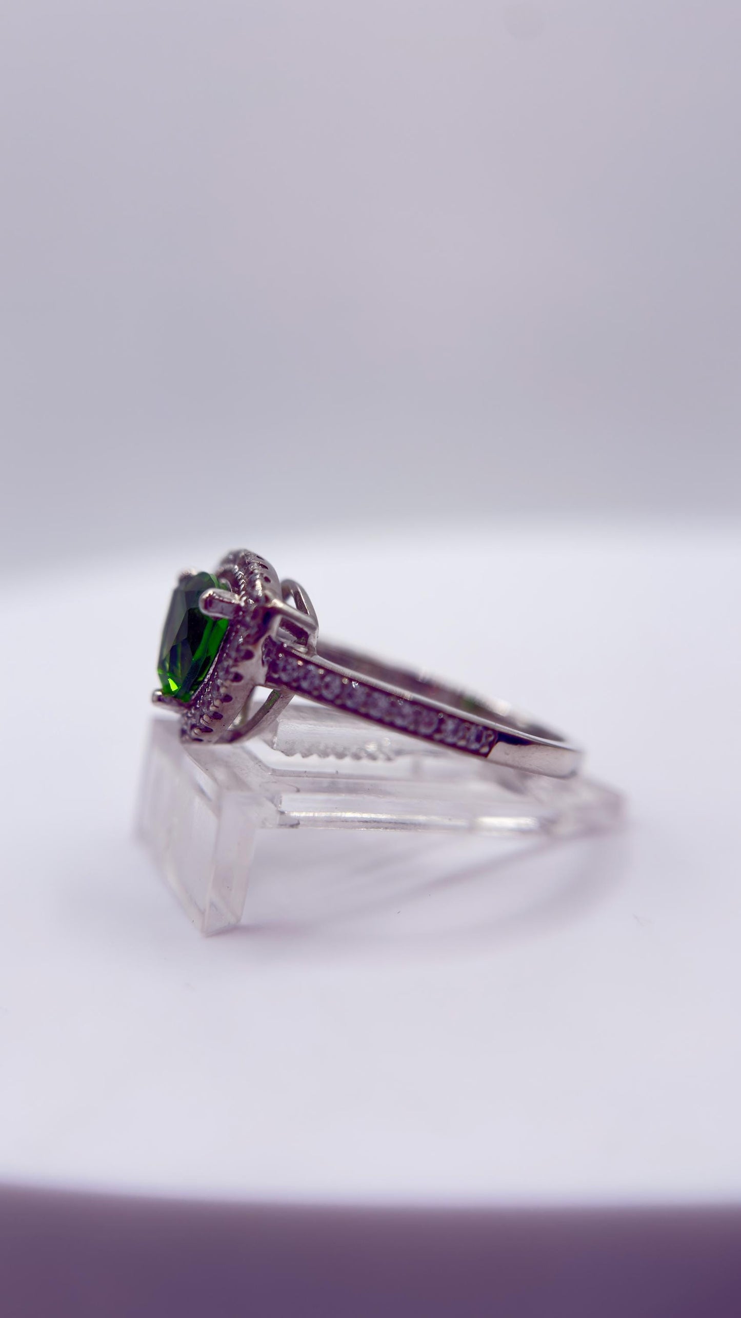 Green Helenite Trillion Halo Ring – Sterling Silver Gemstone Statement Ring