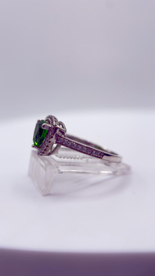 Green Helenite Trillion Halo Ring – Sterling Silver Gemstone Statement Ring