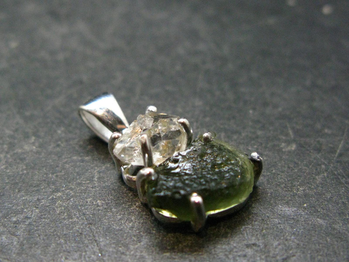 Moldavite & Herkimer Diamond Silver Pendant - 1.0" - 2.49 Grams