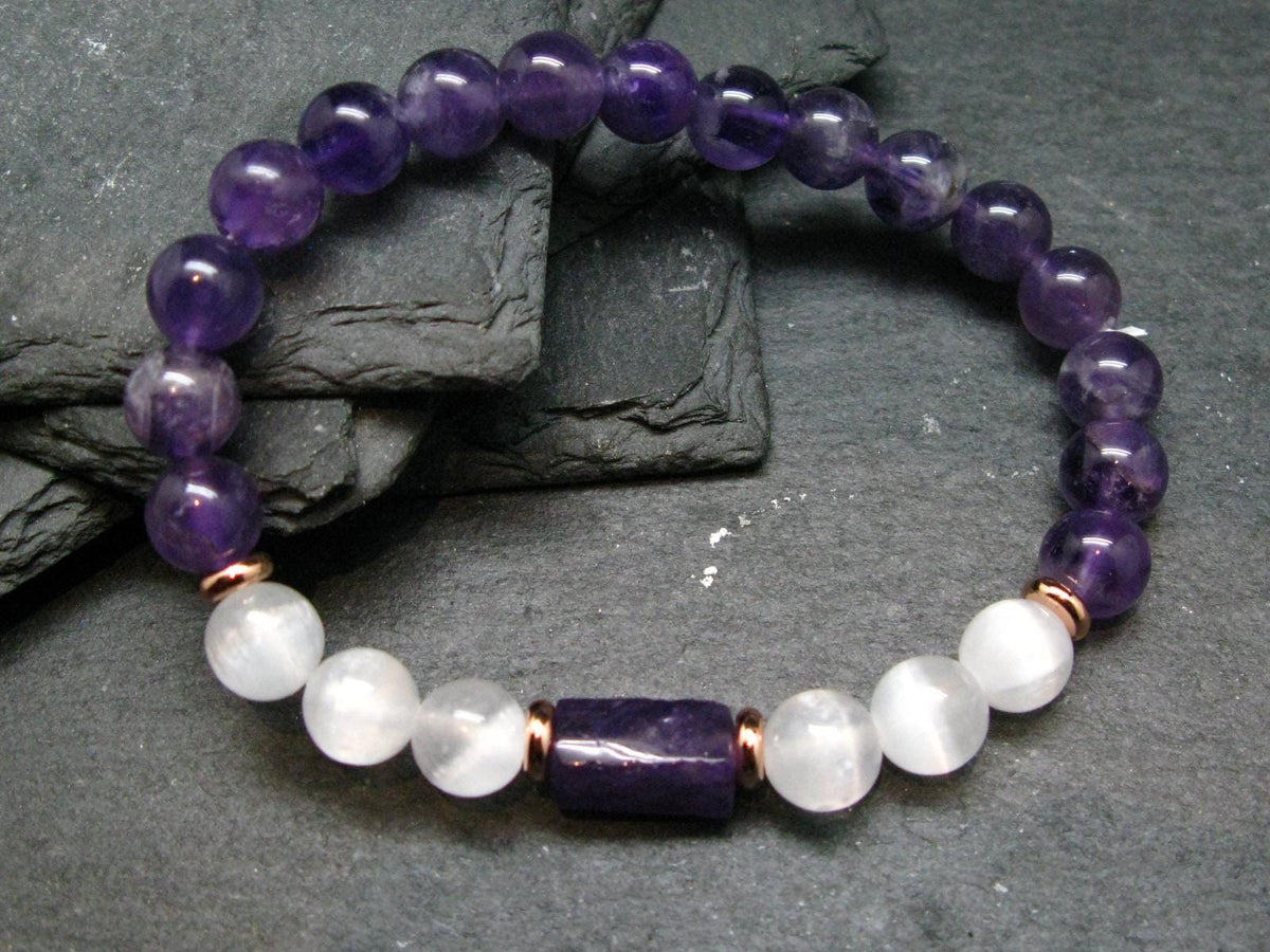 Amethyst & Selenite Genuine Bracelet ~ 7 Inches ~ 8mm Round Beads