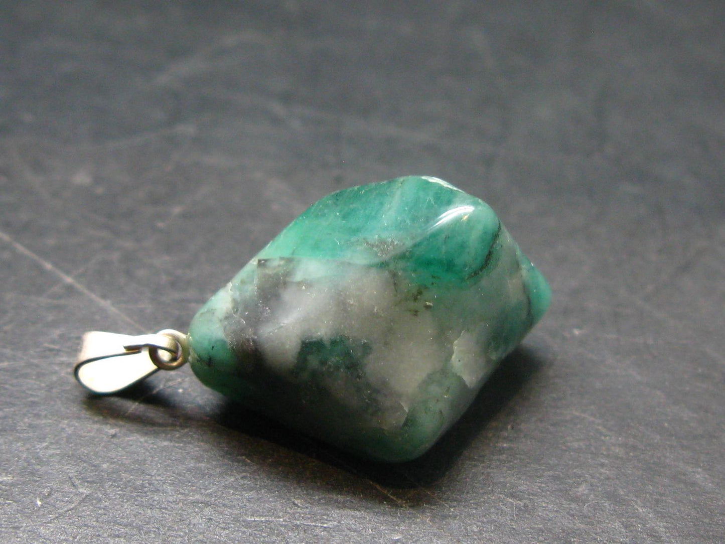 Natural Emerald Tumbled Stone Silver Pendant from Brazil - 1.2" - 5.91 Grams