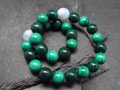 Malachite & Blue Lace Agate Genuine Bracelet ~ 6.5 Inches ~ 7mm Round Beads