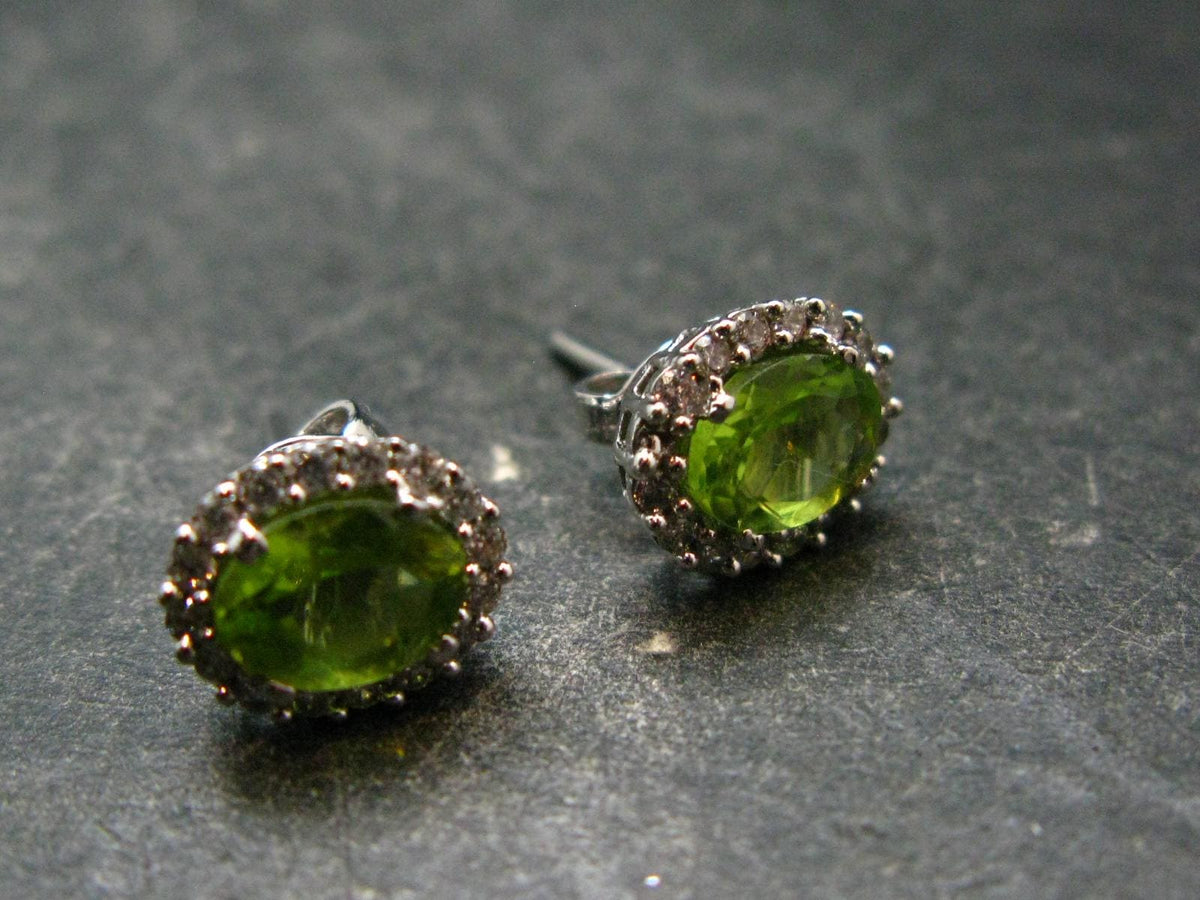 Natural Peridot (Olivine|) Stud Faceted Earrings In Sterling Silver from Pakistan - 0.7"