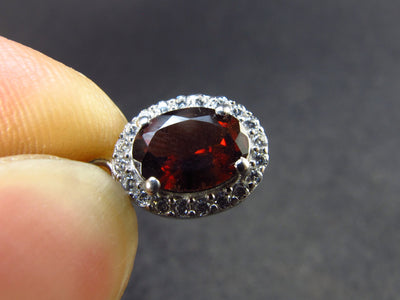 Genuine Red Garnet Almandine Gem with CZ Sterling Silver Pendant From India - 0.8" - 1.10 Grams