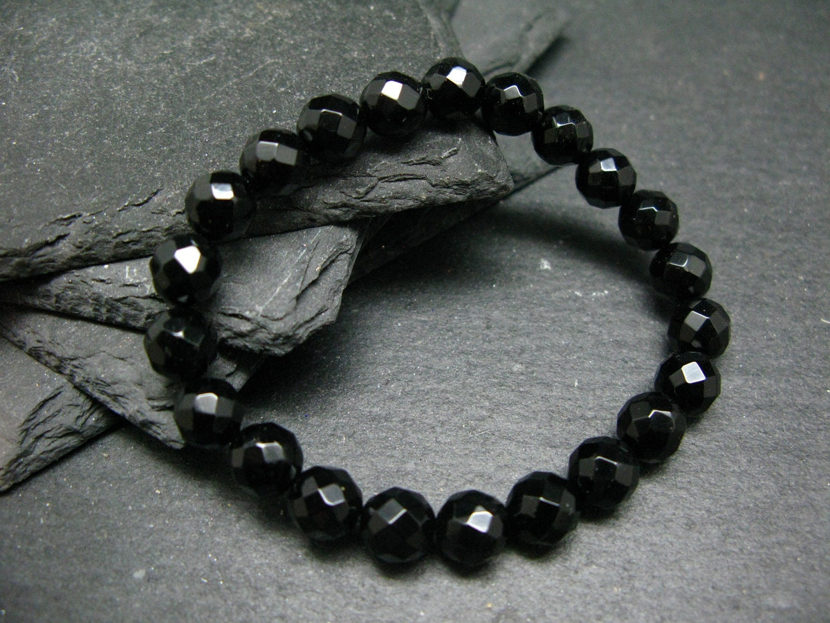 Black Tourmaline Genuine Bracelet ~ 7 Inches ~ 8mm Round Facetted Beads