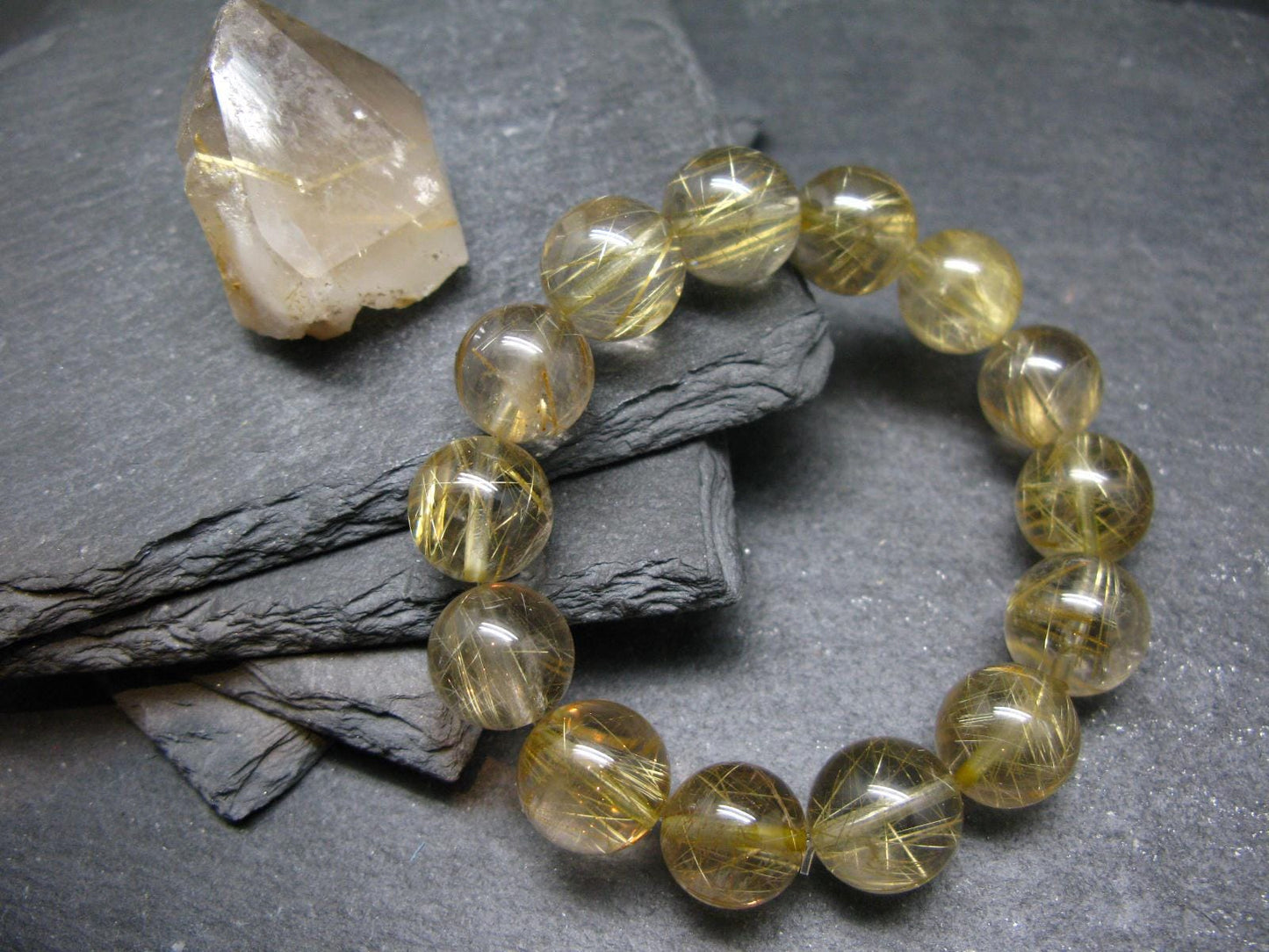 AAA Rutilated Quartz Genuine Bracelet ~ 7 Inches ~ 14mm Round Beads