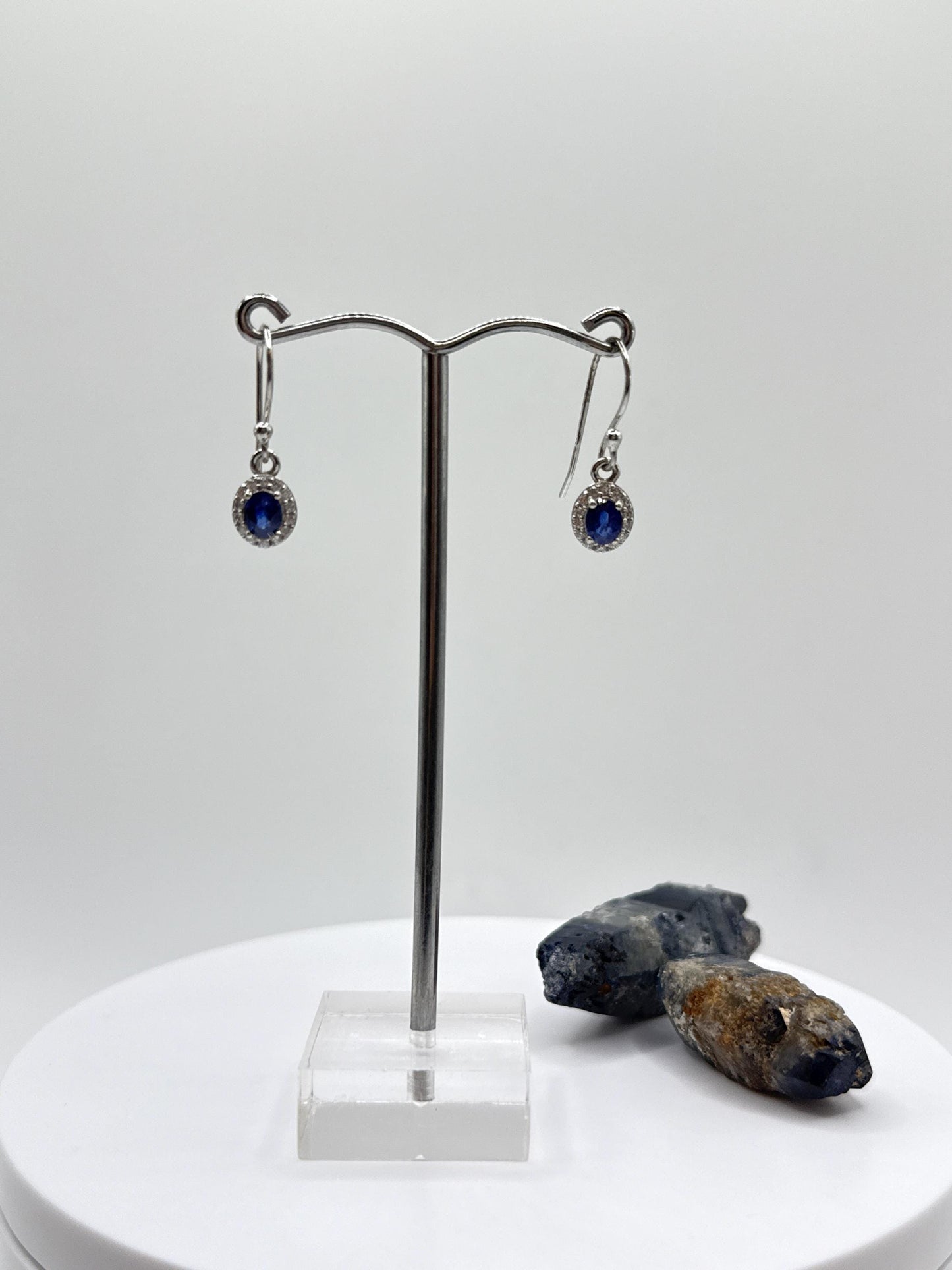 Sterling Silver Sapphire Halo Dangle Earrings | September Birthstone