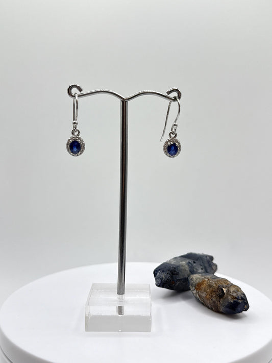 Sterling Silver Sapphire Halo Dangle Earrings | September Birthstone