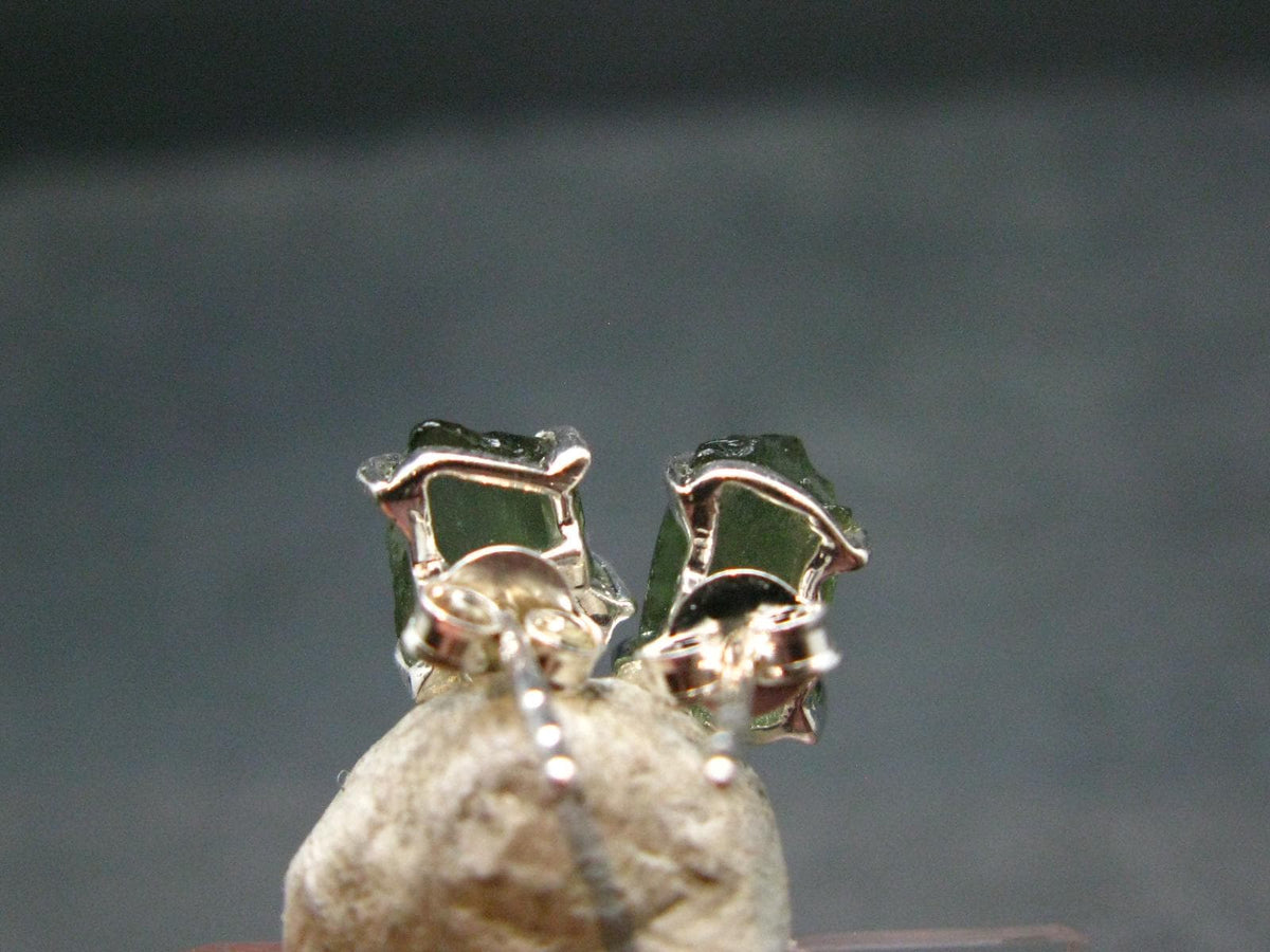 Natural Moldavite Tektite Raw Stud Earrings In Sterling Silver From Czech Republic - 1.58 Grams