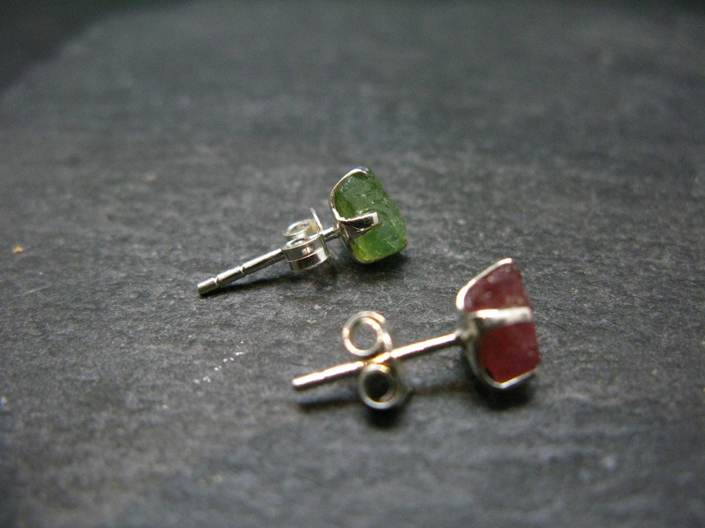 Green & Pink Gem Tourmaline Crystal Silver Studs From Brazil - 0.6"