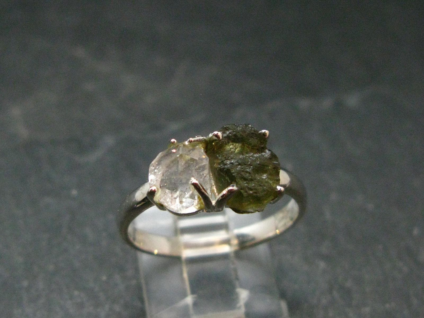 Moldavite Tektite and Herkimer Diamond Silver Ring - Size 9 - 2.71 Grams