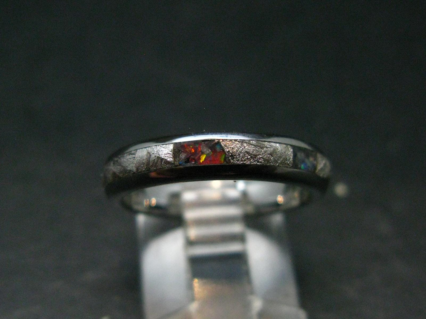 Muonionalusta Meteorite & Opal Steel Ring - 4.60 Grams - Size 7
