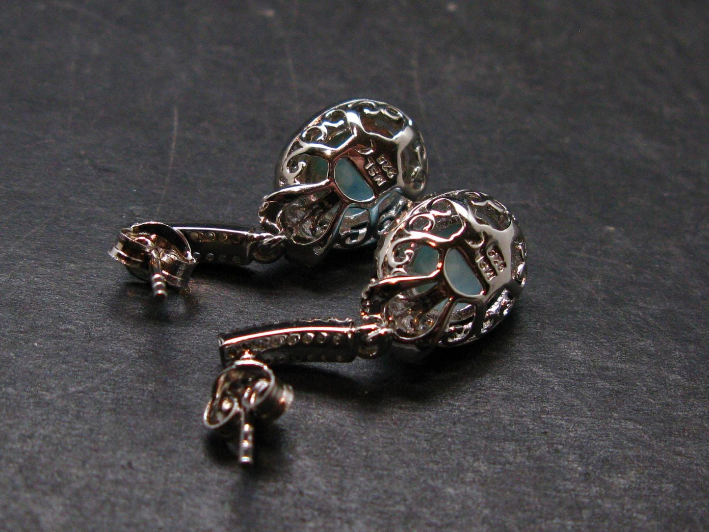 Natural Cabochon Larimar Pectolite 925 Sterling Silver Earrings from Dominican Republic - 4.33 Grams