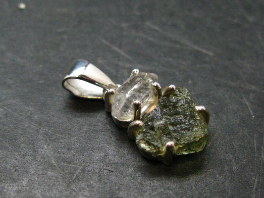 Moldavite & Herkimer Diamond Silver Pendant - 0.9" - 2.0 Grams