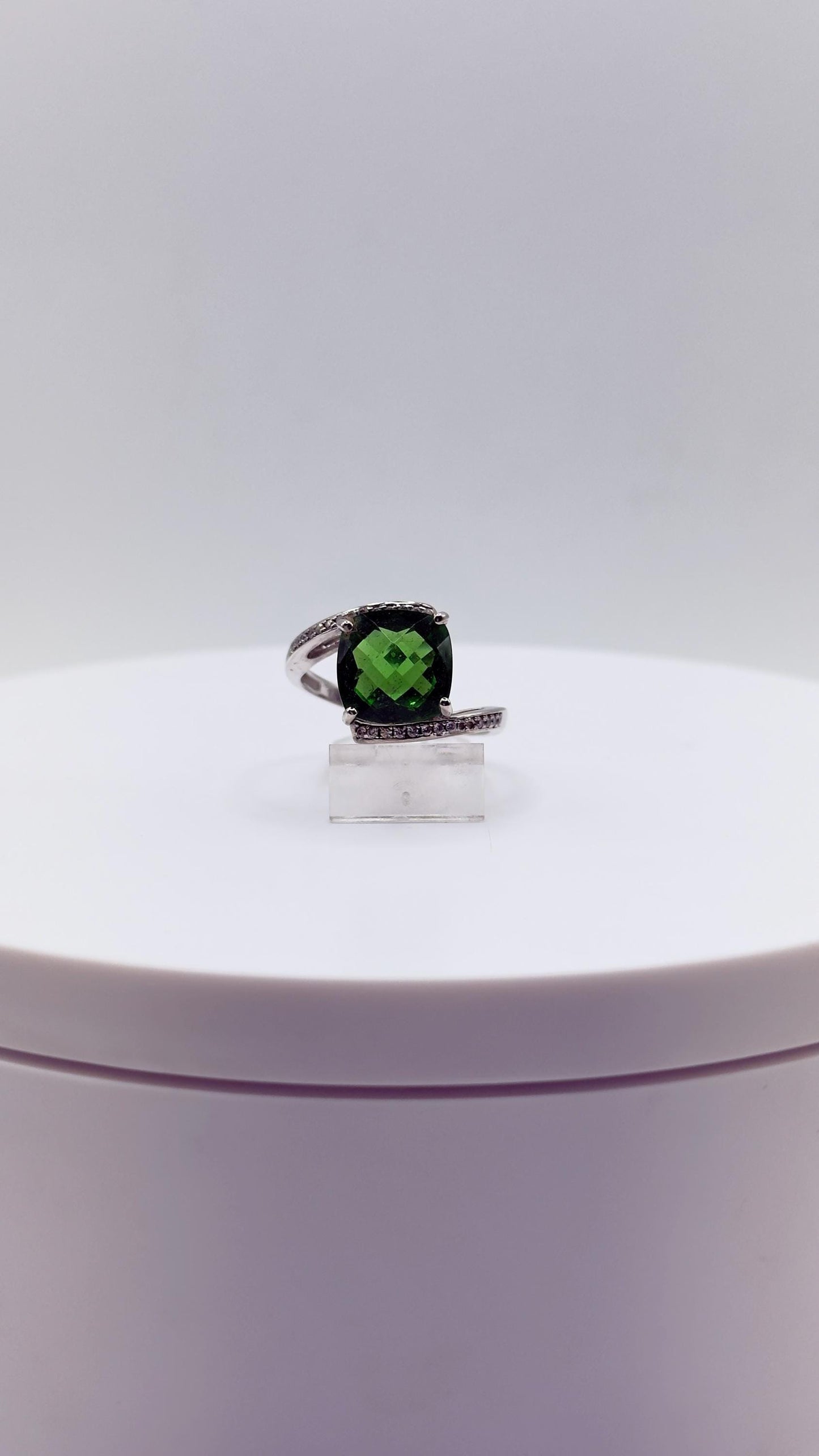 Green Helenite Cushion Cut Ring – Sterling Silver Halo Gemstone Statement Ring