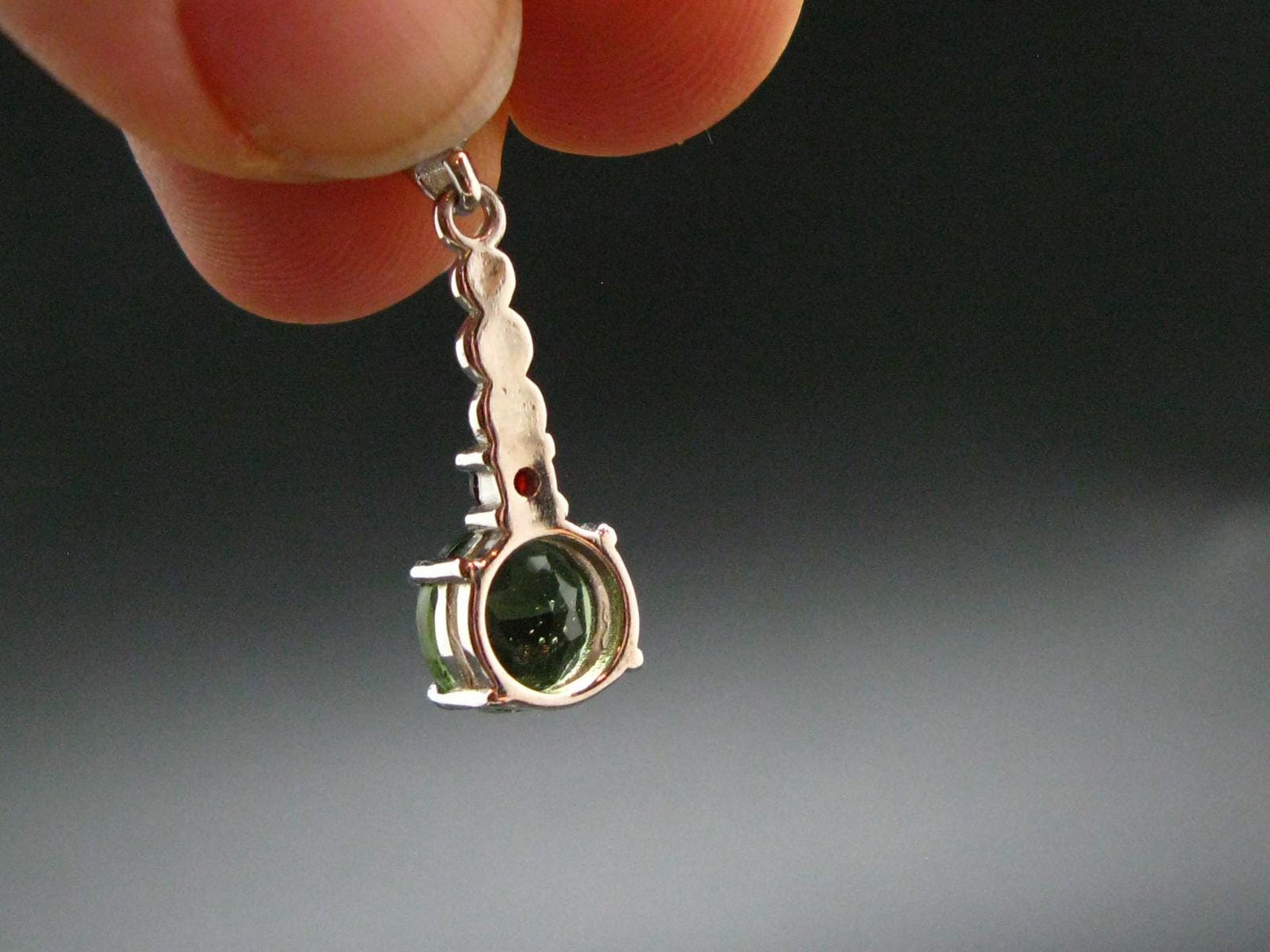 Moldavite Tektite & Red Garnet Silver Pendant from Czech Republic - 1.0"