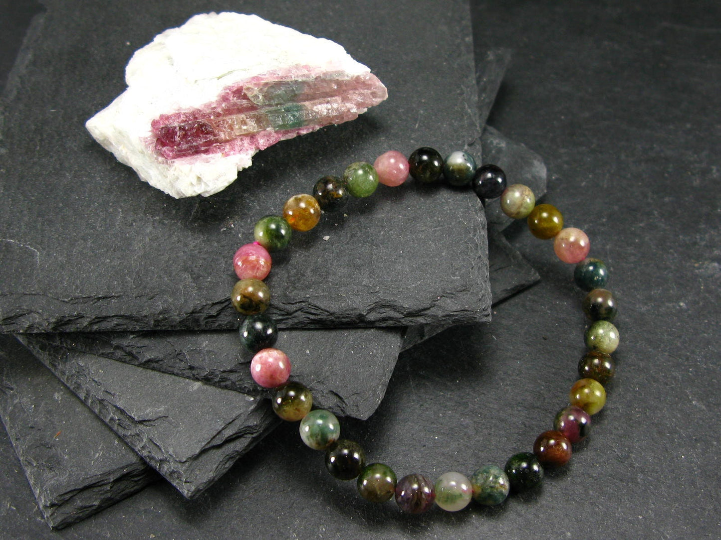 Watermelon Bicolor Tourmaline Genuine Bracelet ~ 7 Inches ~ 6mm Round Beads