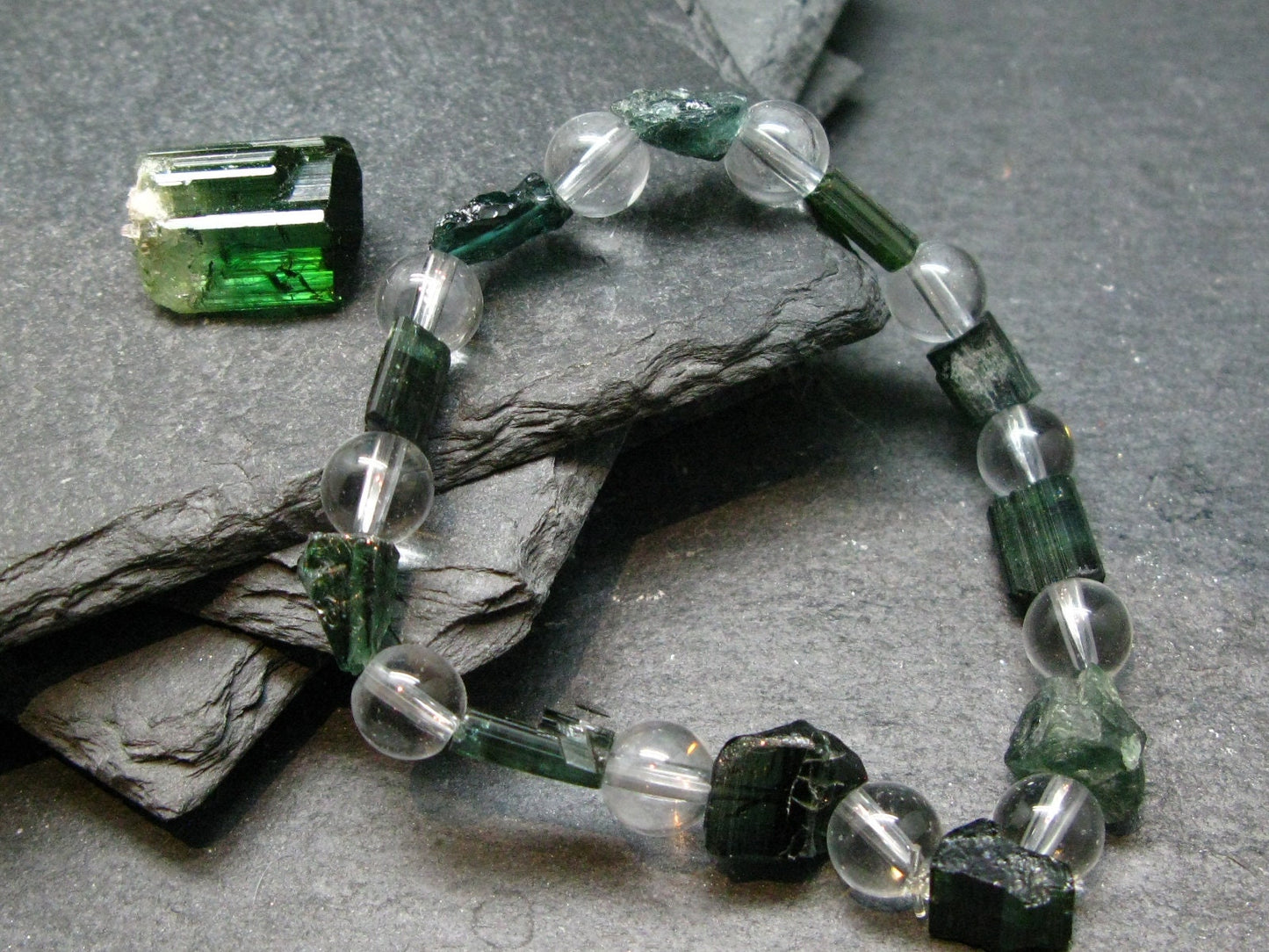 Green Tourmaline & Quartz Genuine Bracelet ~ 7 Inches ~ 10mm Crystal Beads