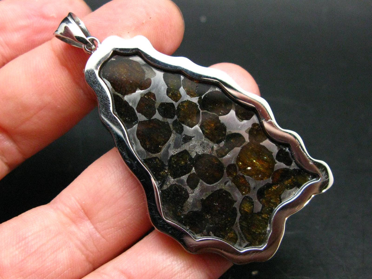 Brahin Meteorite Slice With Olivine Pallasite Pendant from Belarus - 1.4" - 21.54 Grams