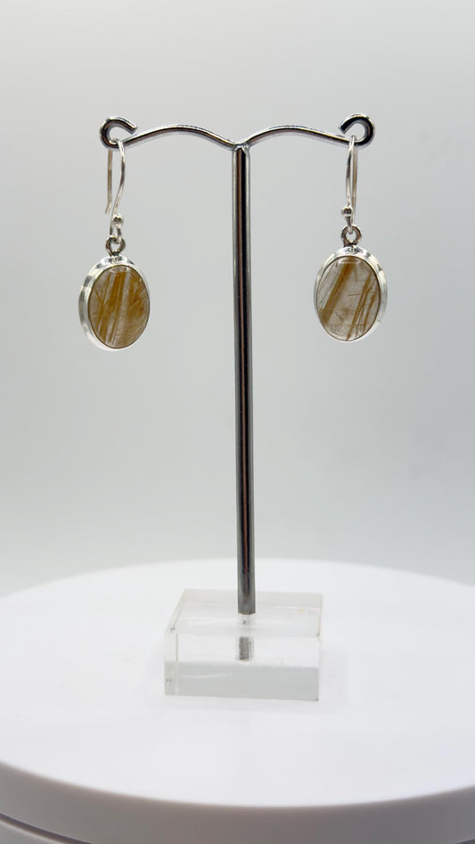 Golden Rutile Crystal Drop Earrings – Natural Gemstone Sterling Silver Dangle Jewelry