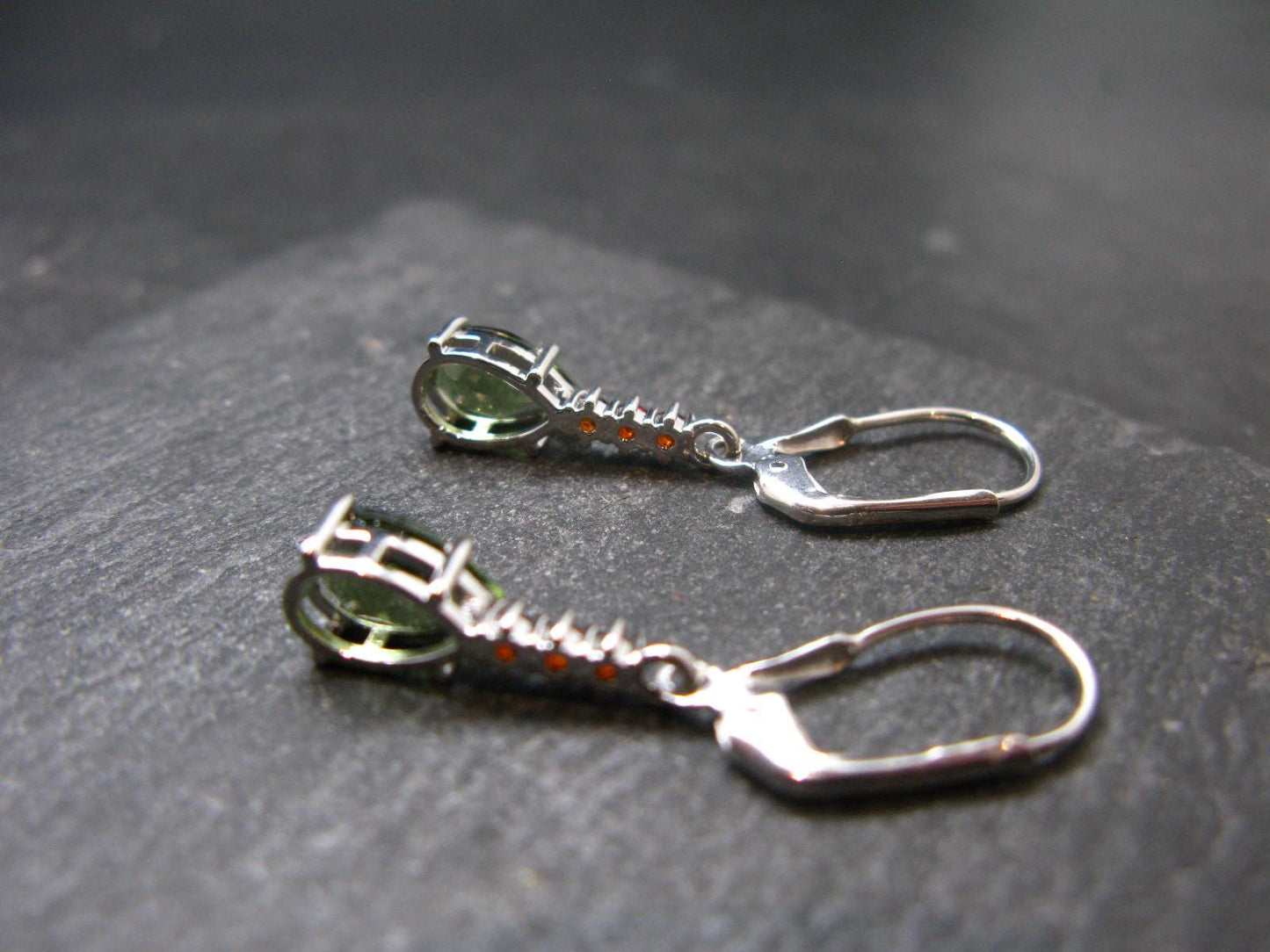 Moldavite Tektite & Red Garnet Silver Earrings from Czech Republic - 2.62 Grams