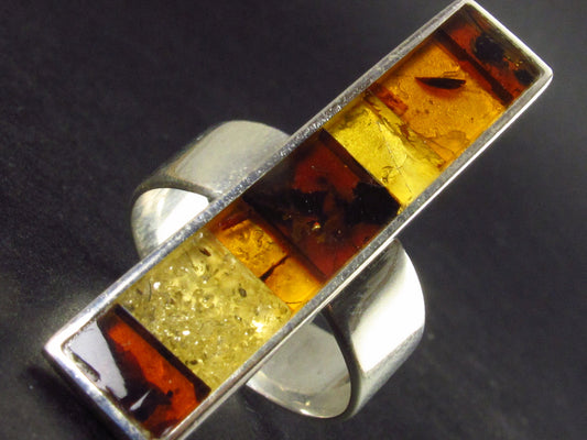 Geometric Modernist Natural Multi Color “Rainbow” Baltic Amber 925 Silver Ring - Size 8