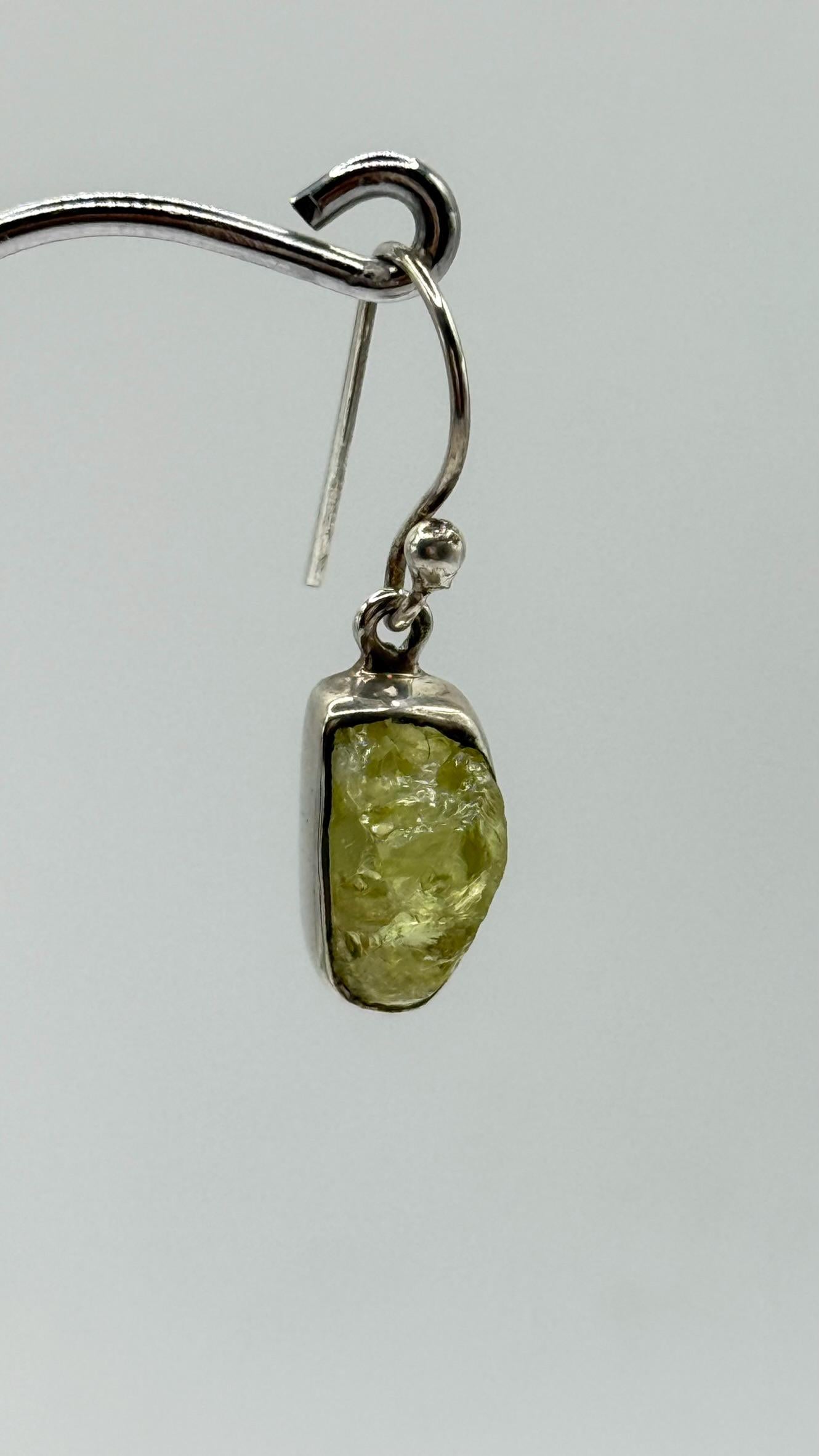 Chrysoberyl Raw Stone Earrings Green Yellow Gemstone Silver Dangle Earrings Minimalist Jewelry Gift