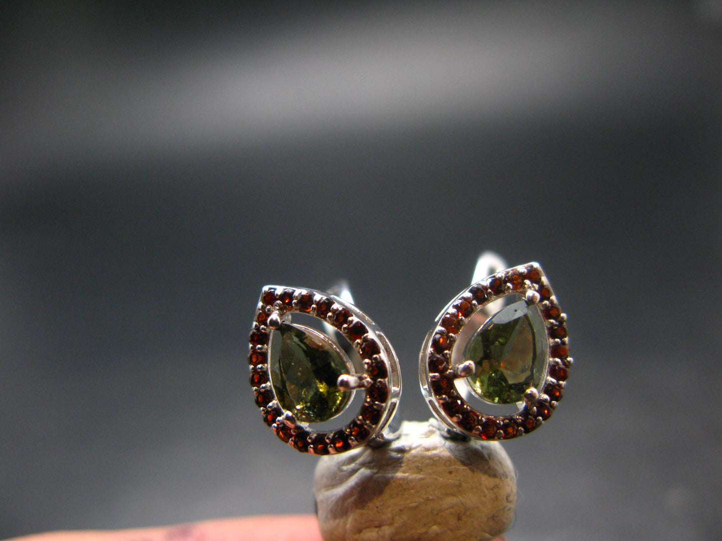 Moldavite Tektite & Red Garnet Silver Earrings from Czech Republic - 2.78 Grams
