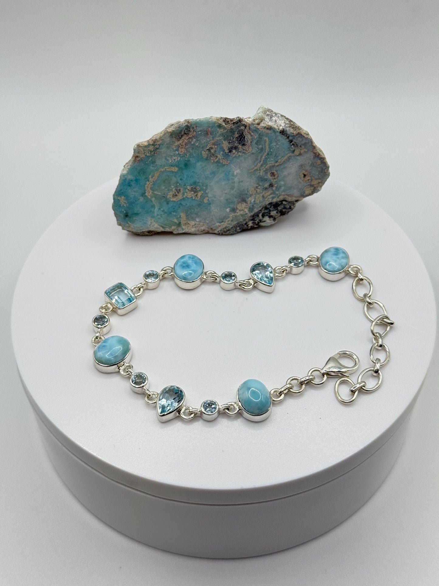 Larimar and Blue Topaz Silver Bracelet Ocean Gemstone Adjustable Link Bracelet Gift