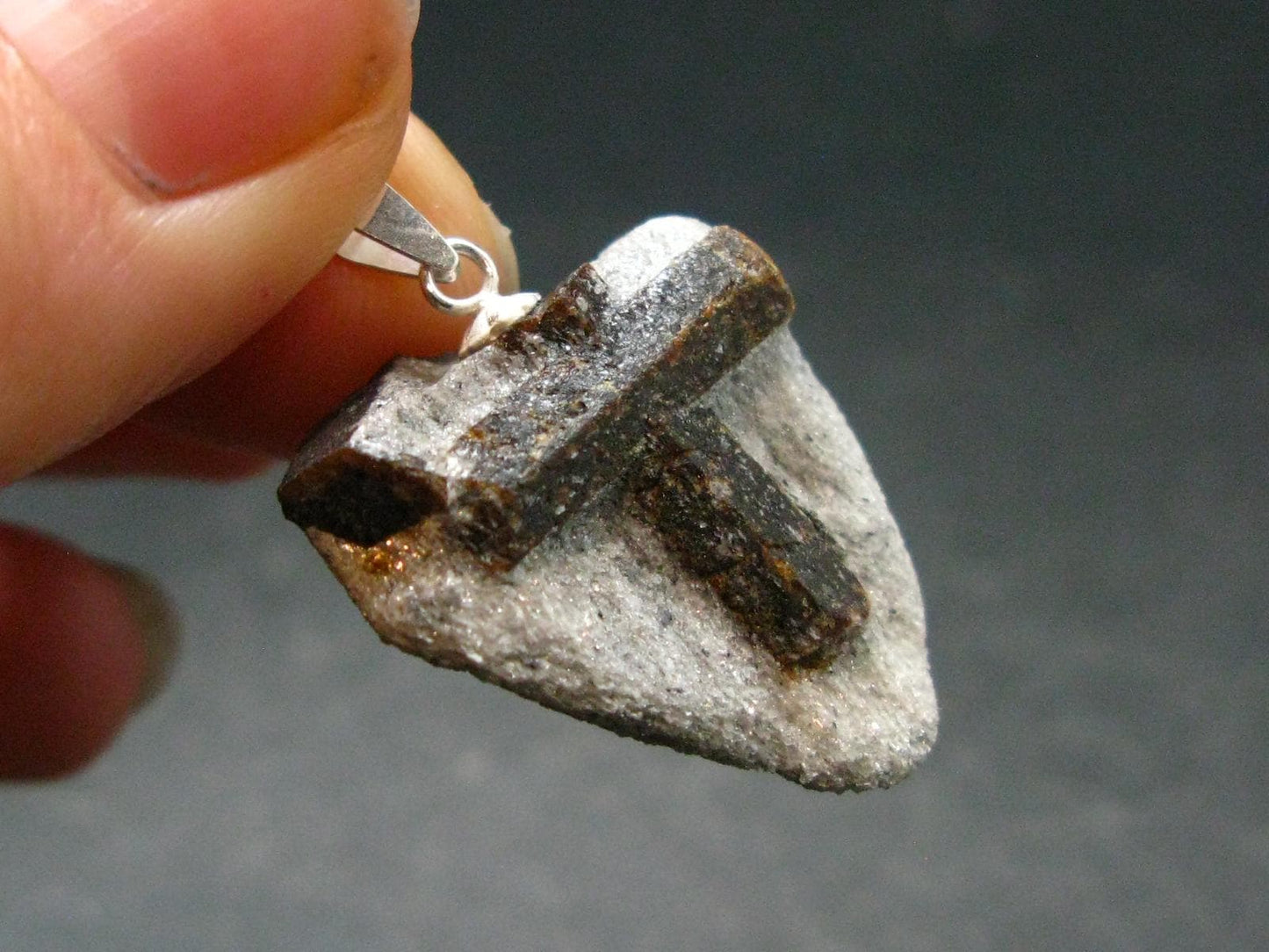 Fairy Cross!! Natural Staurolite Sharp Brown Twin Crystals Silver Pendant From Russia - 1.2" - 5.84 Grams