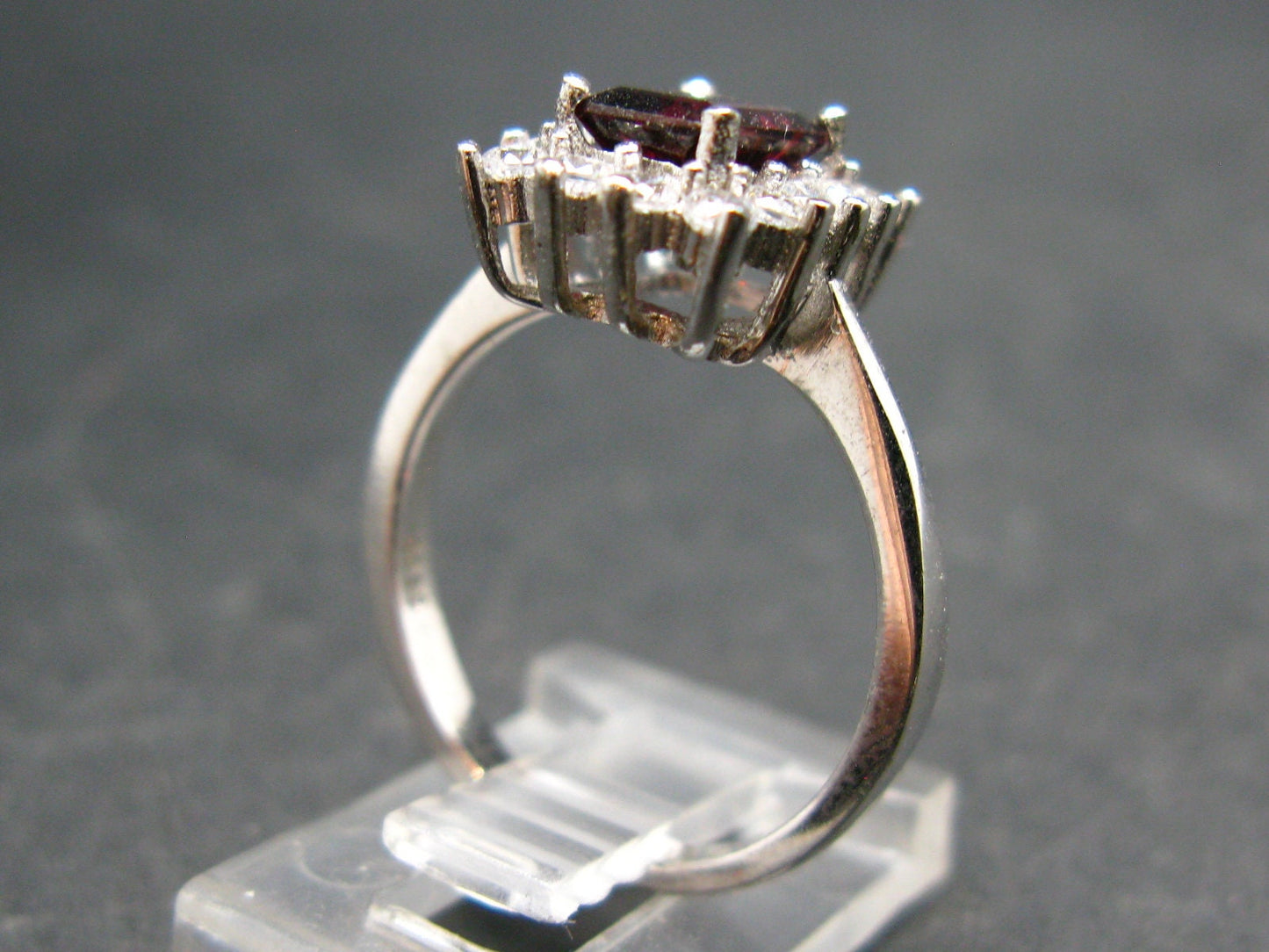 Natural Rectangular Faceted Red Garnet Rhodium Plated Sterling Silver Ring with CZ - Size 6.5