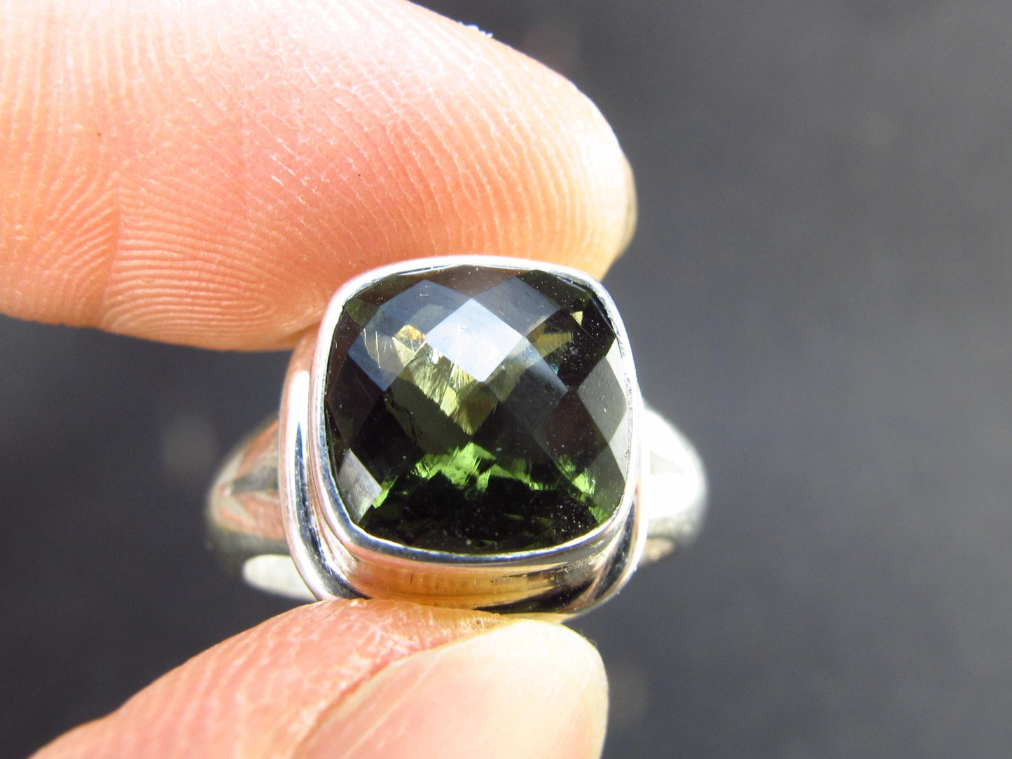 Moldavite Tektite Facetted Silver Ring from Czech Republic - Size 7 - 6.54 Grams