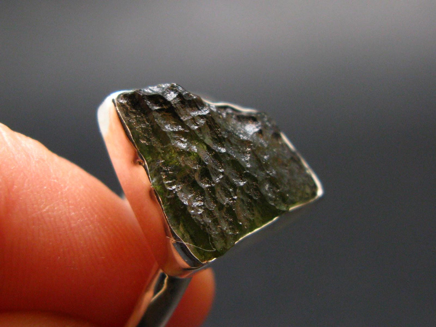 Moldavite Tektite Silver Ring from Czech Republic - 11 Size - 3.23 Grams