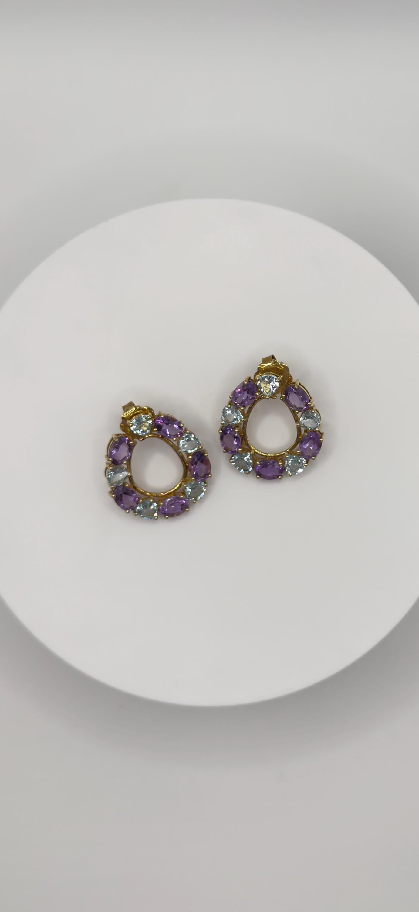 Gold Plated Amethyst Hoop Earrings – Bold Purple & Topaz Gemstone Circle Dangles - Weight 9.13 Grams