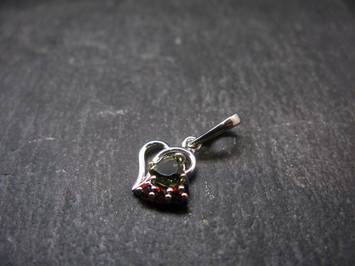 Moldavite Tektite & Red Garnet Silver Pendant from Czech Republic - 0.7"