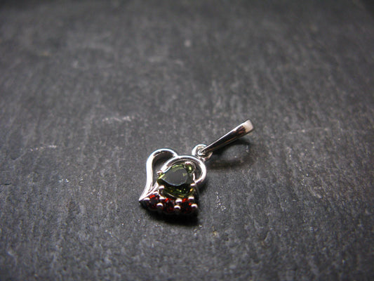 Moldavite Tektite & Red Garnet Silver Pendant from Czech Republic - 0.7"