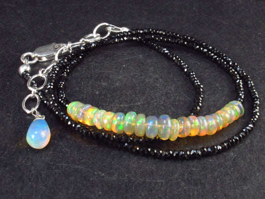 Handmade Lightweight Gem Sparkly Tumbled Opal and Faceted Black Spinel Small Beads Necklace - 19" - 6.2 Grams