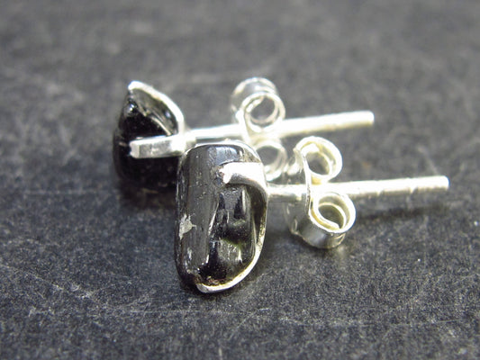 Natural Black Tourmaline Schorl Crystal Stud Earrings In Sterling Silver From Brazil - 0.6"