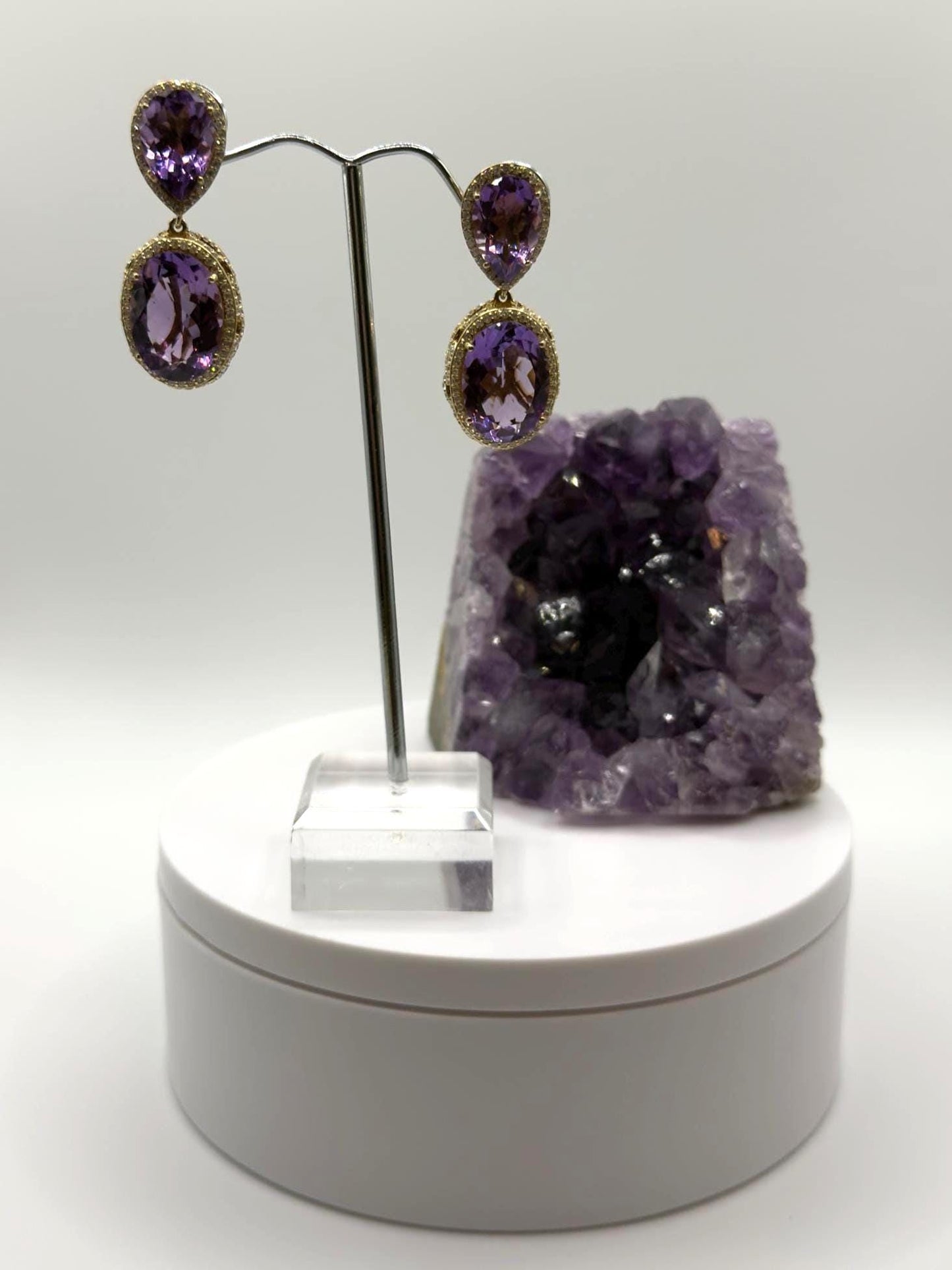 Bold Amethyst Statement Earrings – Double Drop Gold Plated with Pavé Halo - Weight 20.34 Grams